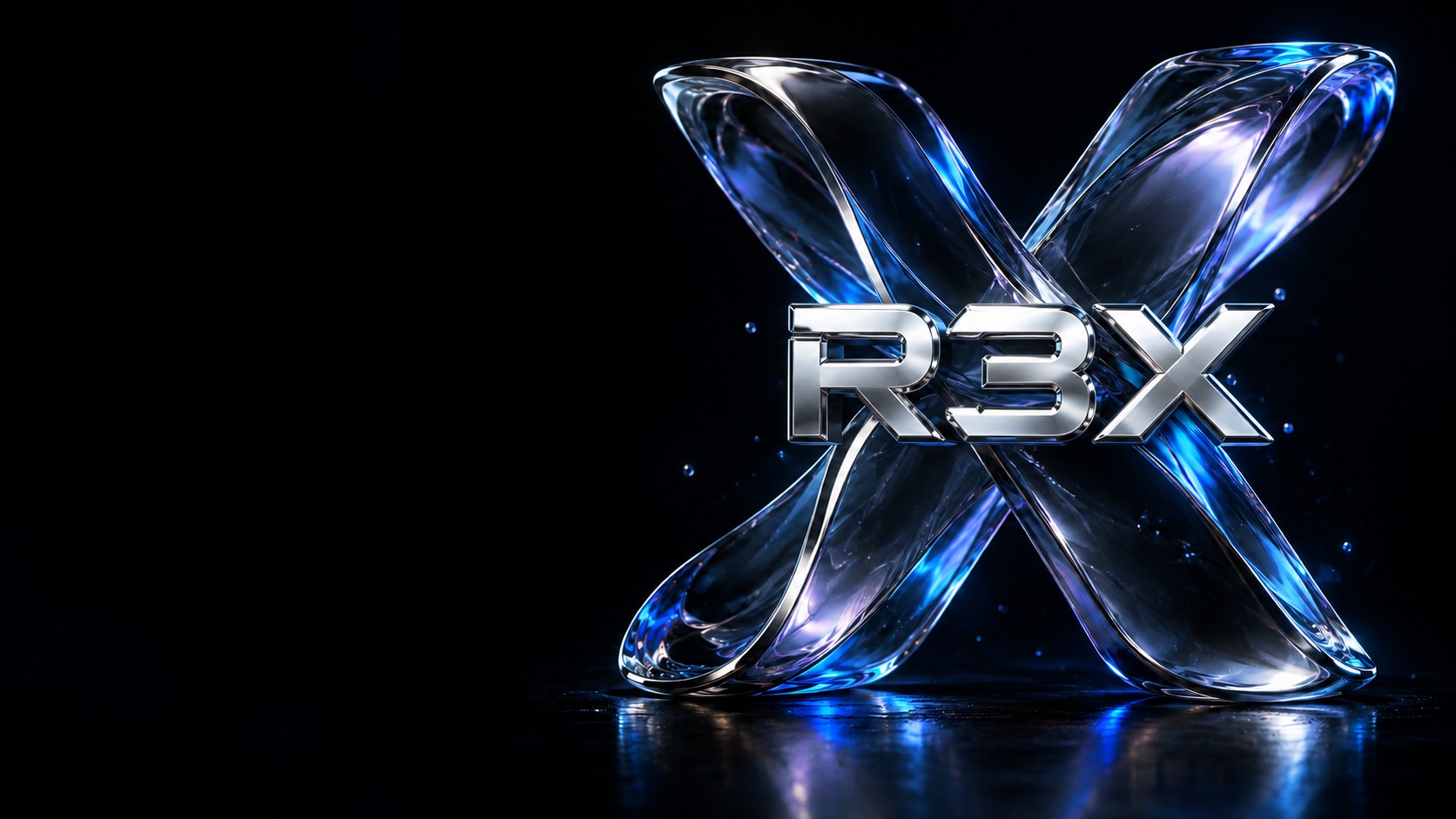 Escultura de vidro azul em forma de X com a assinatura R3X em metal